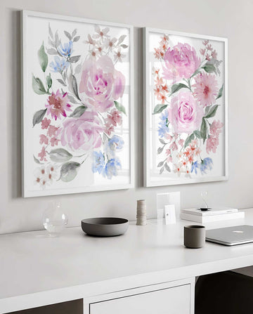 Soft Peony Wall Art, Abstract Floral Painting, Watercolour floral Large wall art, Pink Blue Nursery, Flower Living room decor